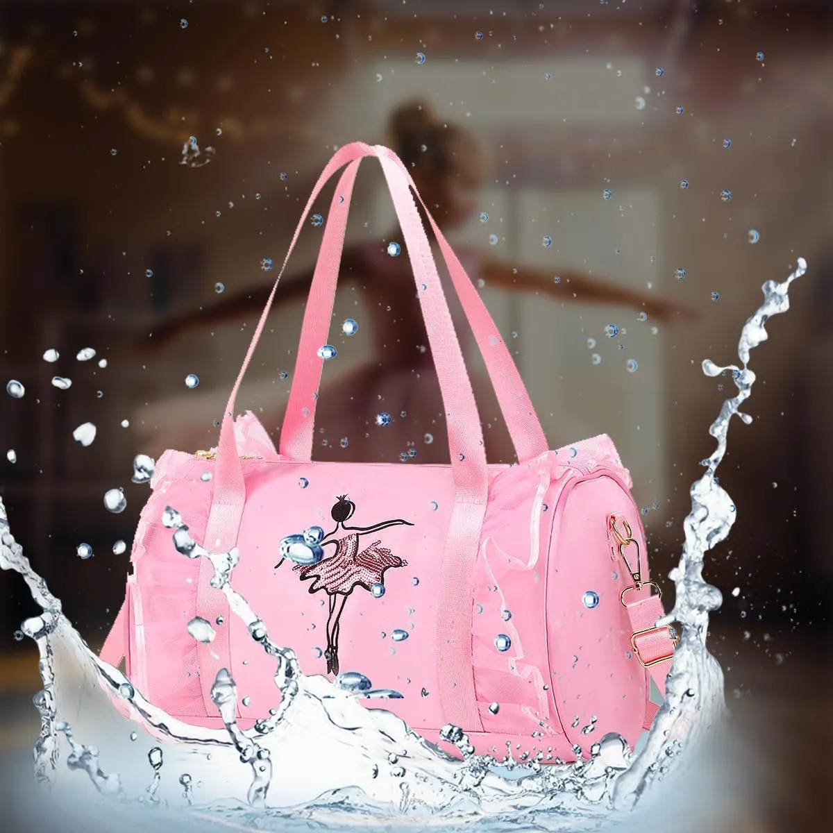 Dorlubel Cute Ballet Dance Bag Gym Travel Duffle Bag for Girls Tutu Dress Bag with Key Chain for Girls (Pink2 of Long Mesh)