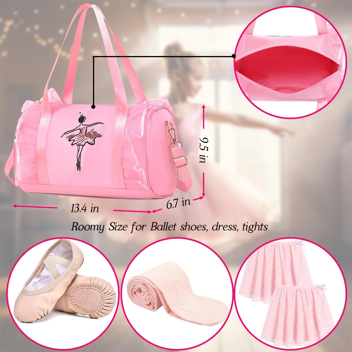 Dorlubel Cute Ballet Dance Bag Gym Travel Duffle Bag for Girls Tutu Dress Bag with Key Chain for Girls (Pink2 of Long Mesh)