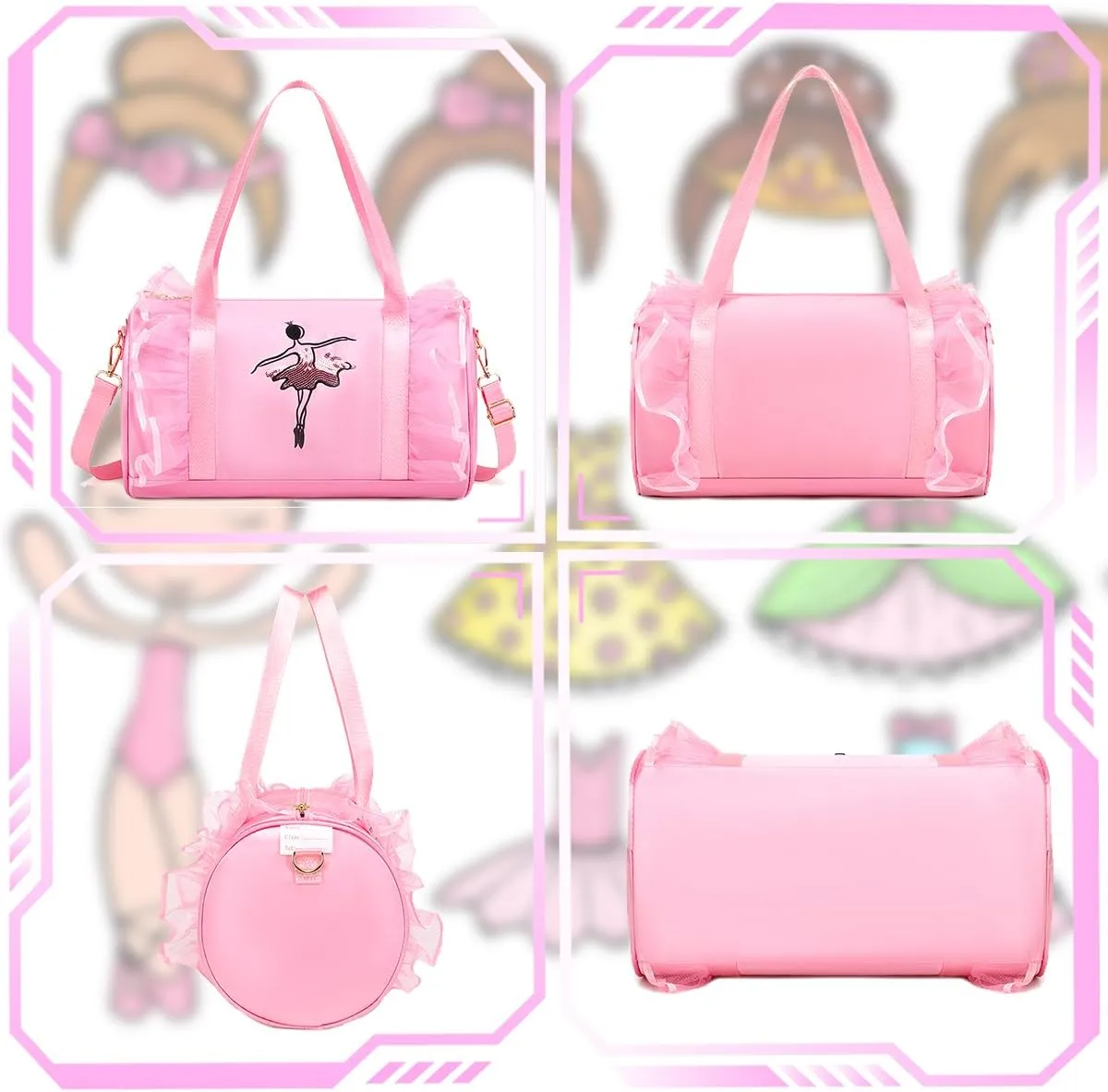 Dorlubel Cute Ballet Dance Bag Gym Travel Duffle Bag for Girls Tutu Dress Bag with Key Chain for Girls (Pink2 of Long Mesh)