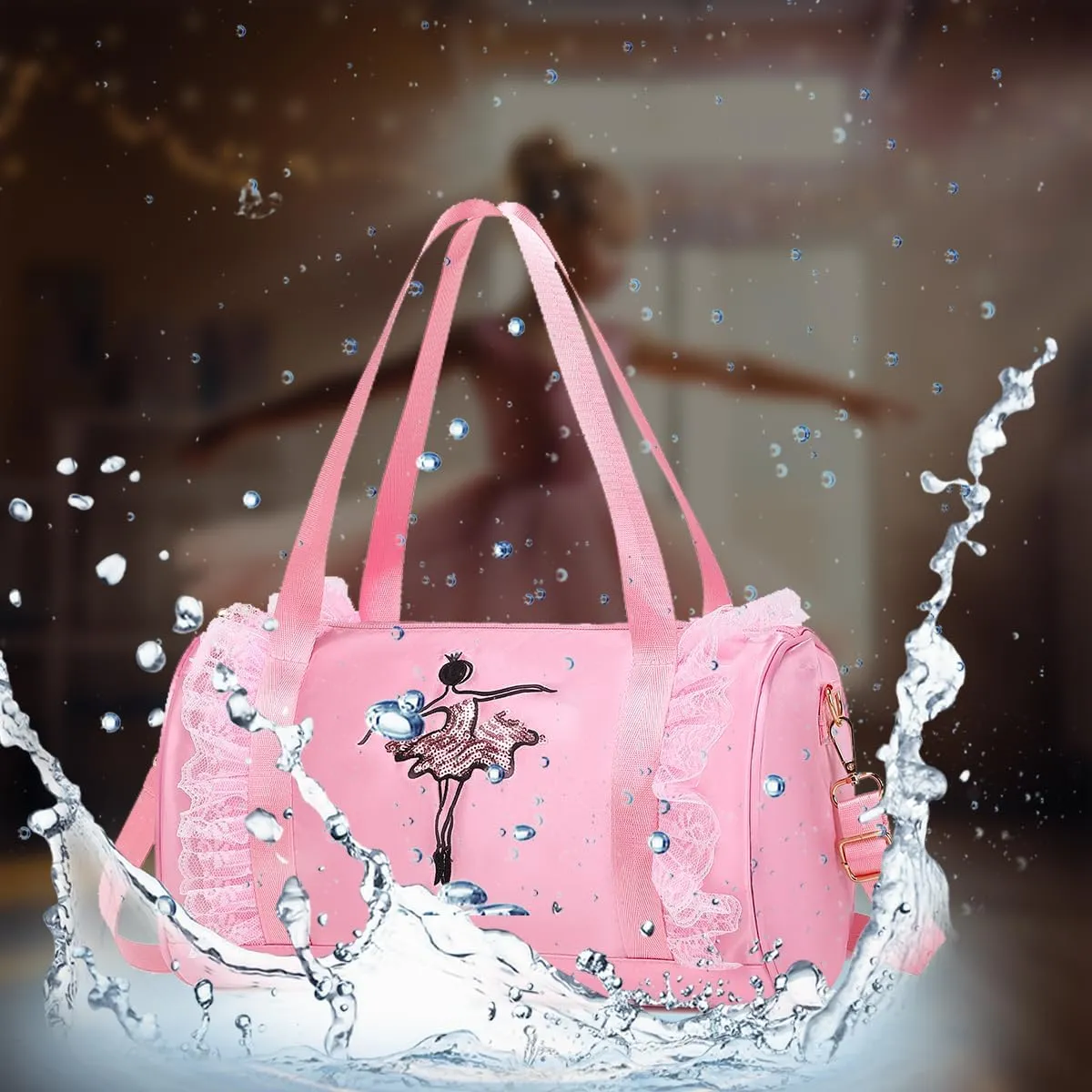 Dorlubel Cute Ballet Dance Bag Gym Travel Duffle Bag for Girls Tutu Dress Bag with Key Chain for Girls (Pink2 of Short Mesh)