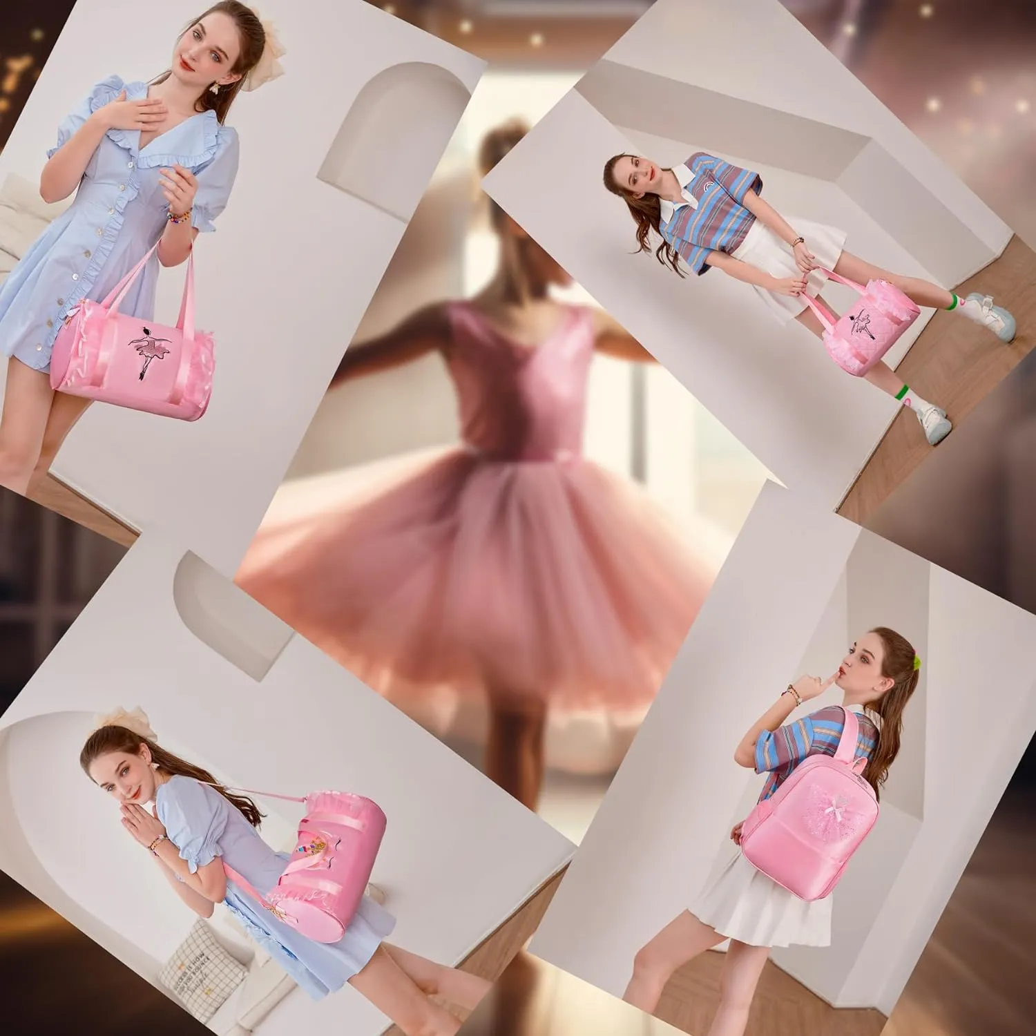 Dorlubel Cute Ballet Dance Bag Gym Travel Duffle Bag for Girls Tutu Dress Bag with Key Chain for Girls (Pink2 of Short Mesh)