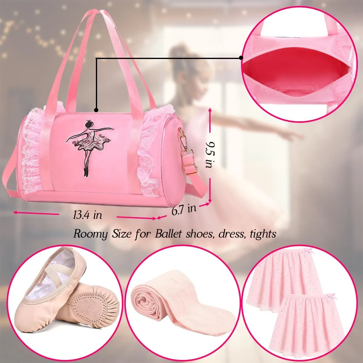 Dorlubel Cute Ballet Dance Bag Gym Travel Duffle Bag for Girls Tutu Dress Bag with Key Chain for Girls (Pink2 of Short Mesh)
