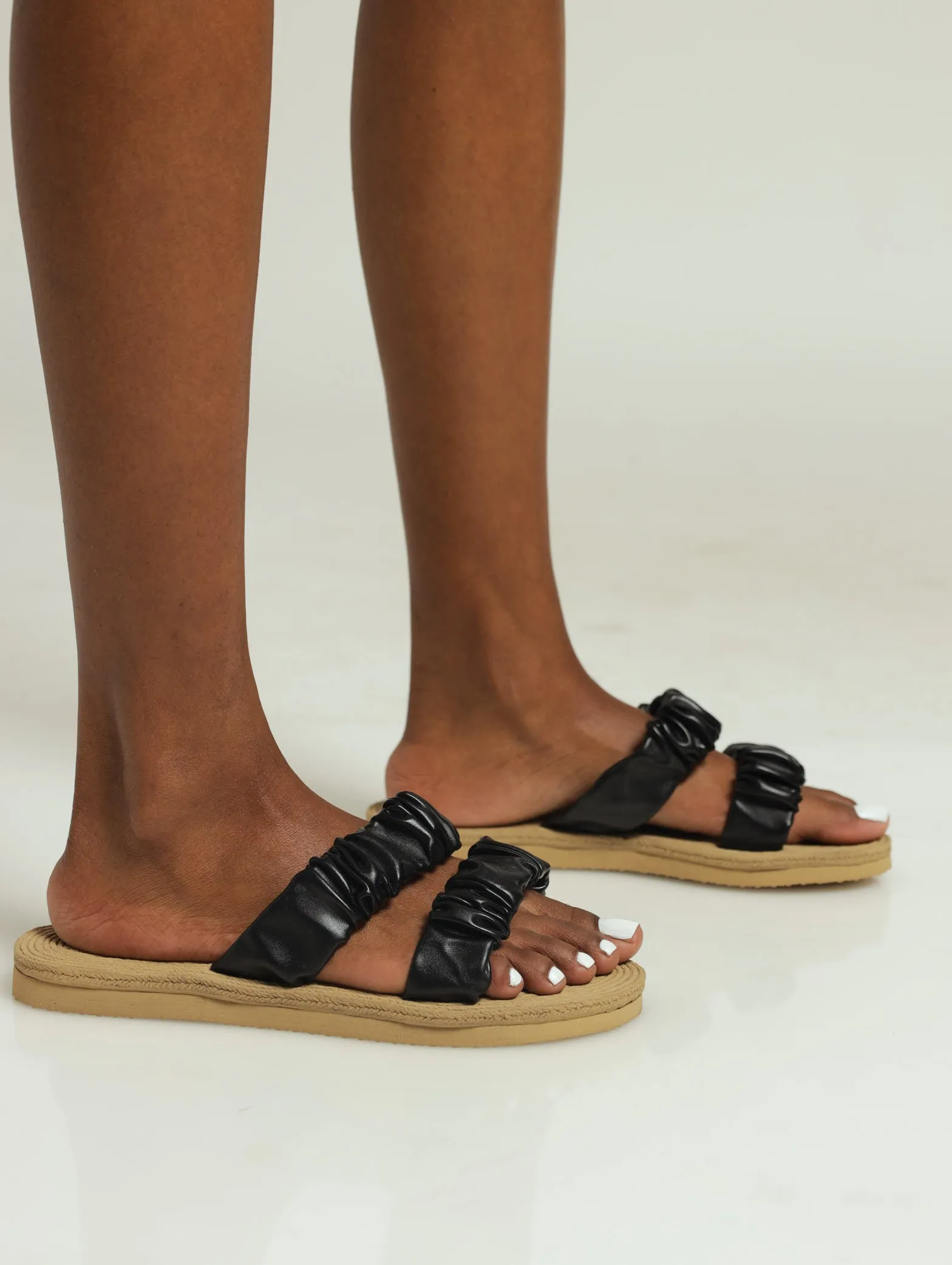 Double Strap Ruched Mule Sandal - Black