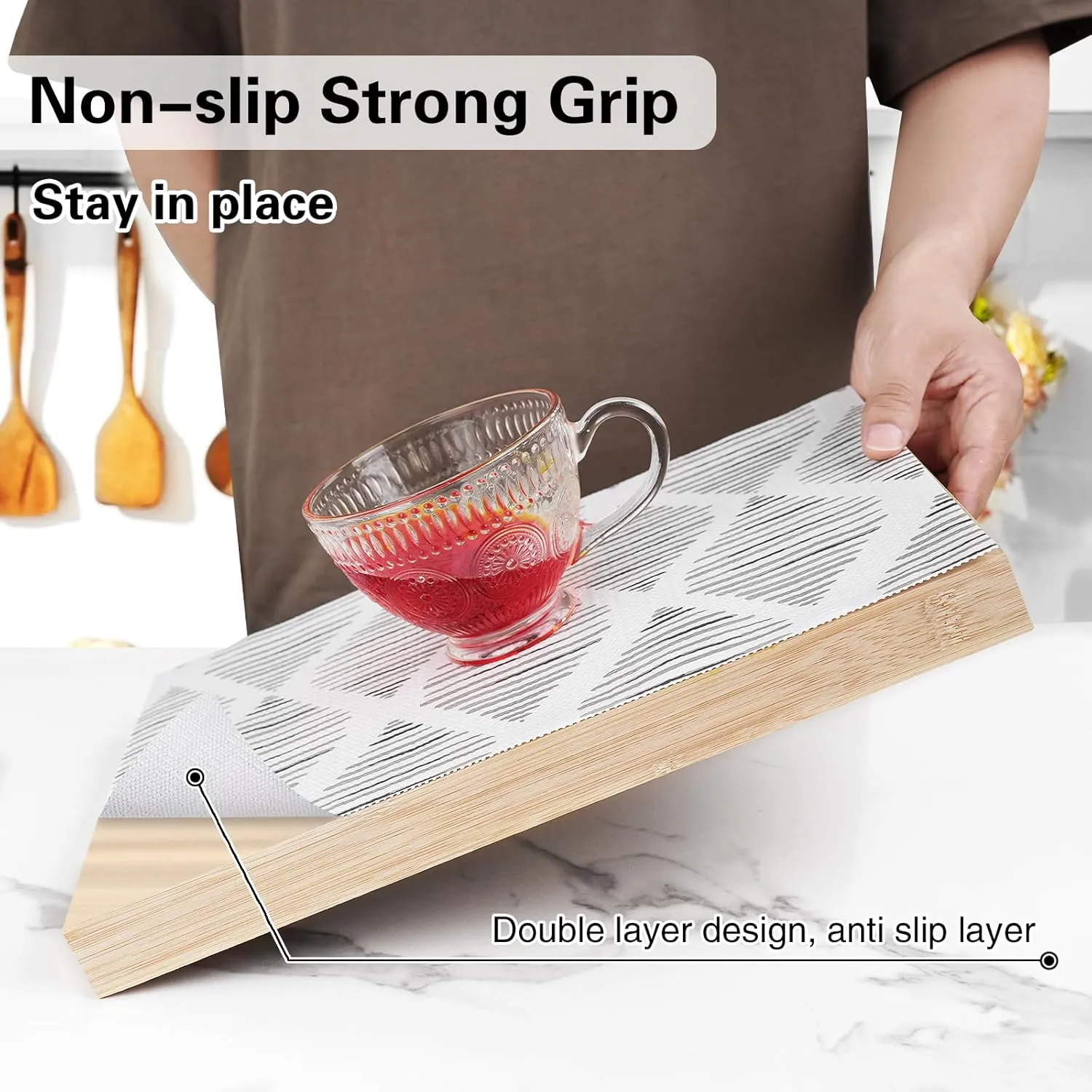 Drawer and Shelf Liner for Kitchen Cabinet,Non-Adhesive Cabinet Liner 12in x 20FT,Waterproof Shelf Paper Non-Slip Mats Cupboard Liners Contact Protect Dresser/Shelves/Table-Square Stripes