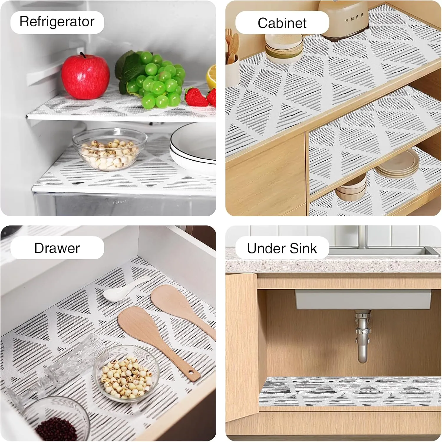 Drawer and Shelf Liner for Kitchen Cabinet,Non-Adhesive Cabinet Liner 12in x 20FT,Waterproof Shelf Paper Non-Slip Mats Cupboard Liners Contact Protect Dresser/Shelves/Table-Square Stripes