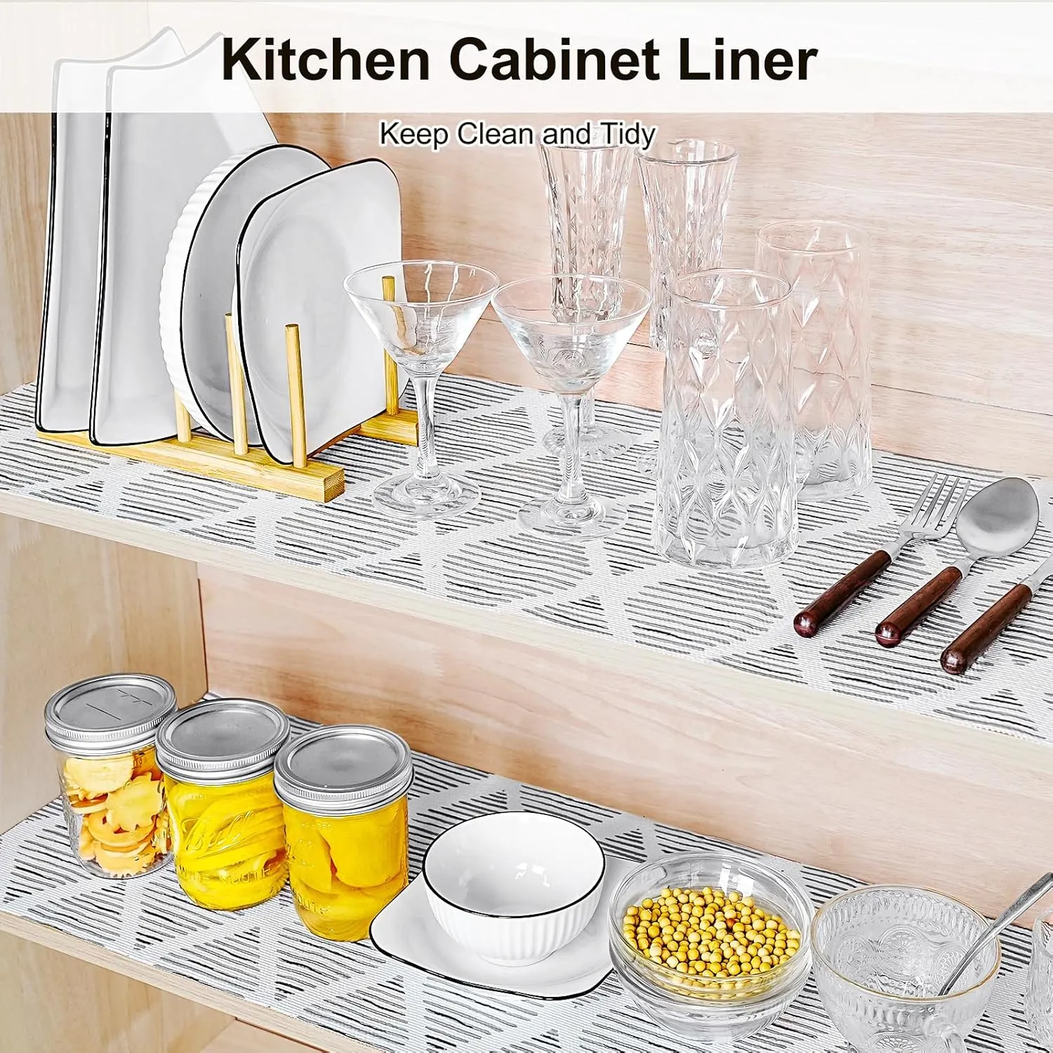 Drawer and Shelf Liner for Kitchen Cabinet,Non-Adhesive Cabinet Liner 12in x 20FT,Waterproof Shelf Paper Non-Slip Mats Cupboard Liners Contact Protect Dresser/Shelves/Table-Square Stripes