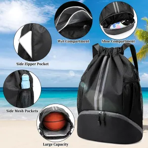 Drawstring Backpack Gym Bag for Men, String Bags Sports Cinch Sackpack with Shoe Compartment and Water Resistant Wet Pocket Large Gym Sack for Fitness Swim Basketball Soccer Beach (Black)