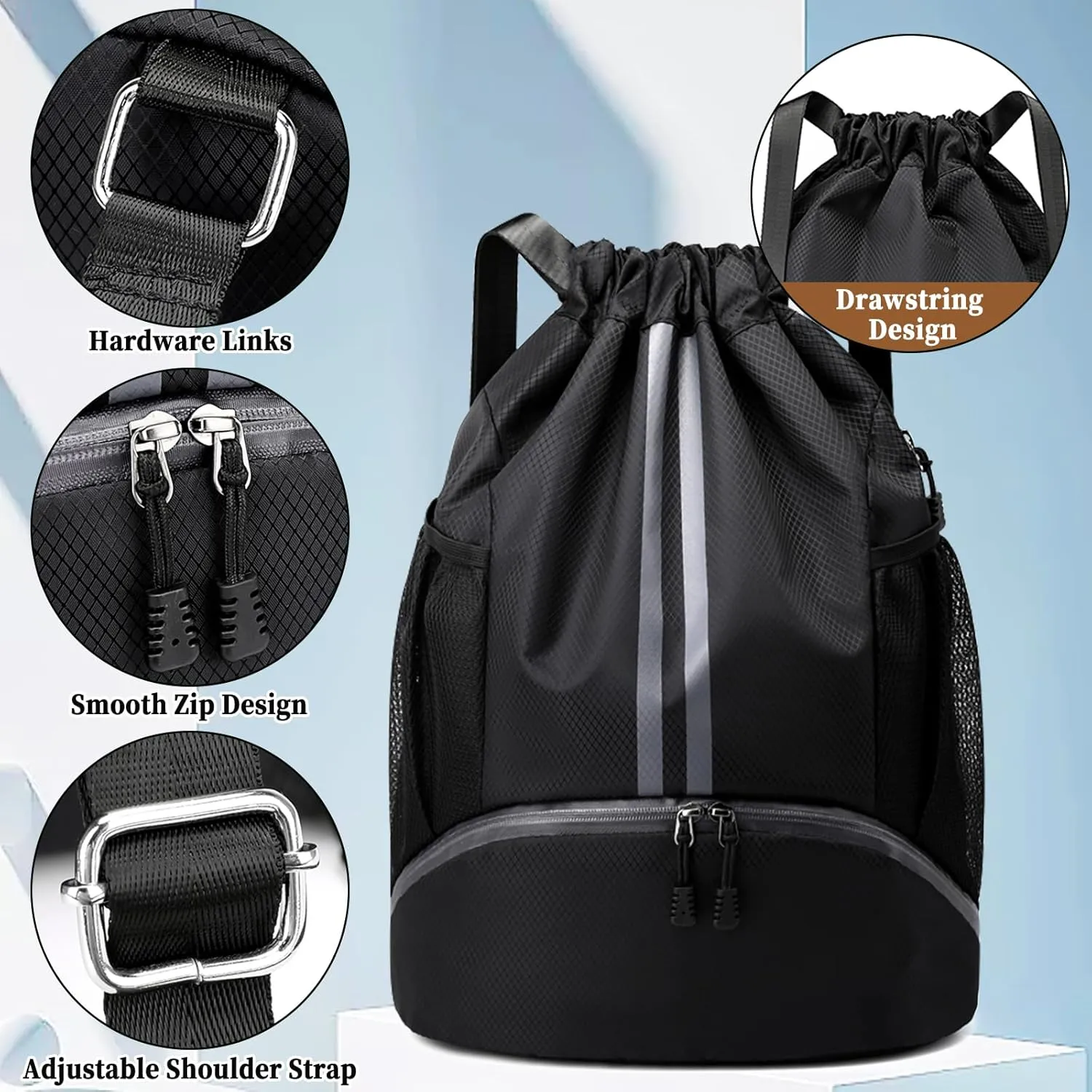 Drawstring Backpack Gym Bag for Men, String Bags Sports Cinch Sackpack with Shoe Compartment and Water Resistant Wet Pocket Large Gym Sack for Fitness Swim Basketball Soccer Beach (Black)
