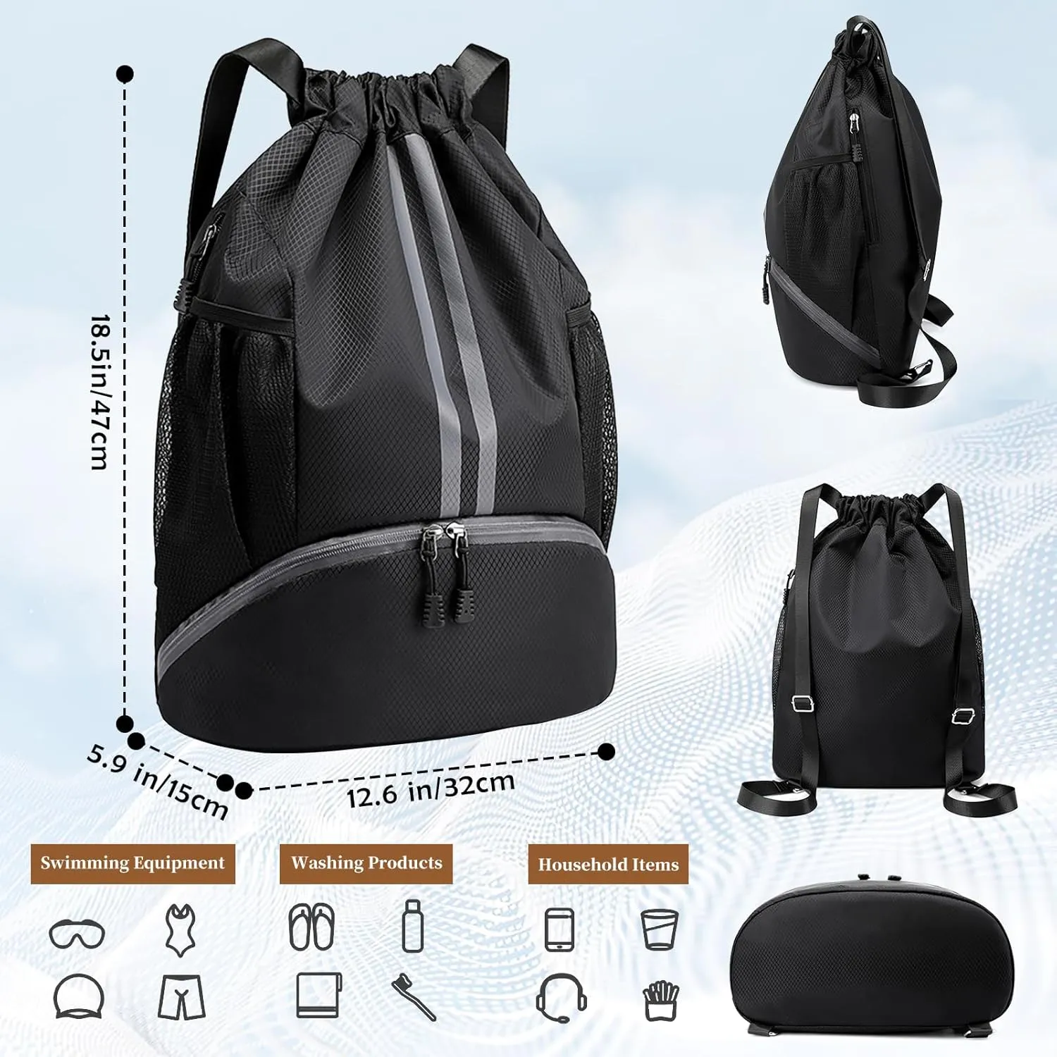 Drawstring Backpack Gym Bag for Men, String Bags Sports Cinch Sackpack with Shoe Compartment and Water Resistant Wet Pocket Large Gym Sack for Fitness Swim Basketball Soccer Beach (Black)