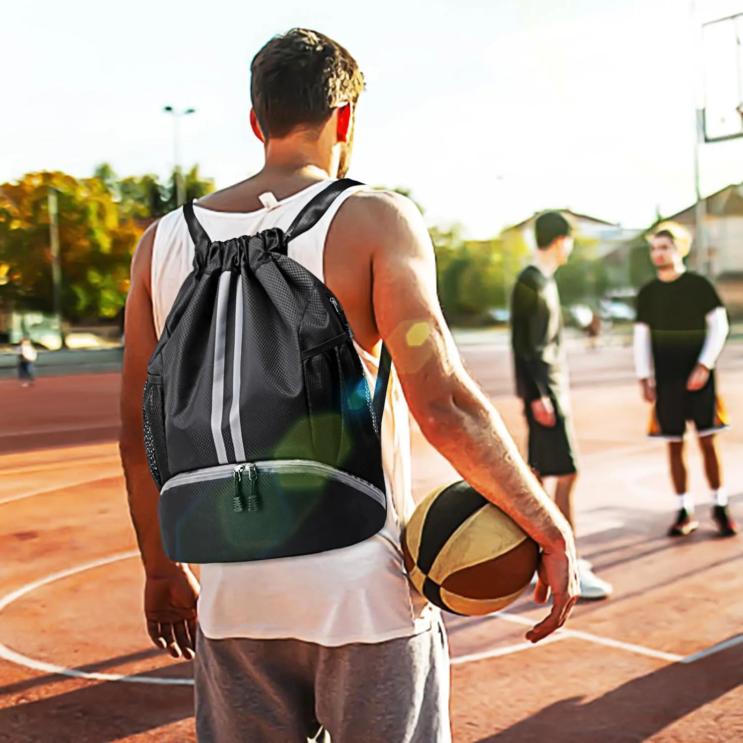 Drawstring Backpack Gym Bag for Men, String Bags Sports Cinch Sackpack with Shoe Compartment and Water Resistant Wet Pocket Large Gym Sack for Fitness Swim Basketball Soccer Beach (Black)