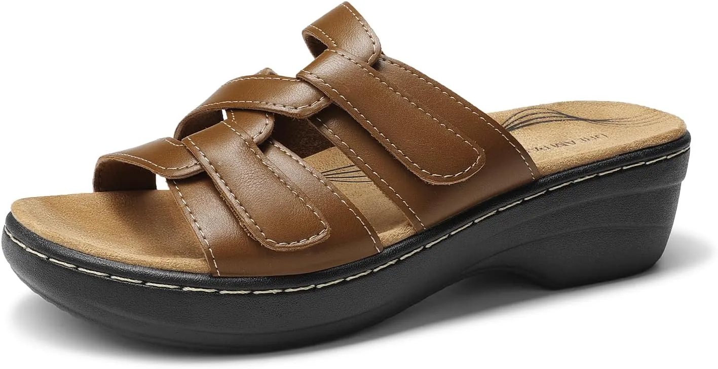 DREAM PAIRS Women's Arch Support Slide Sandals Adjustable Straps Slip On Wedge Sandals Casual Comfort Lightweight Flat Slides