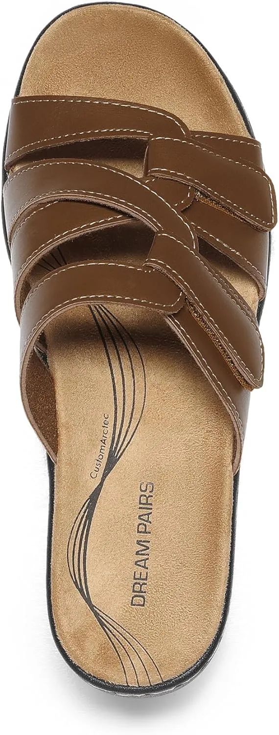 DREAM PAIRS Women's Arch Support Slide Sandals Adjustable Straps Slip On Wedge Sandals Casual Comfort Lightweight Flat Slides