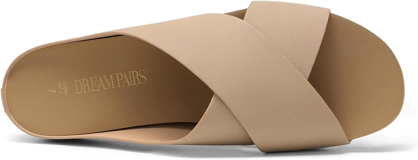 DREAM PAIRS Women's Cork Slide Sandals Slip on Open Toe Cute Platform Criss Cross Flat Sandals for Summer