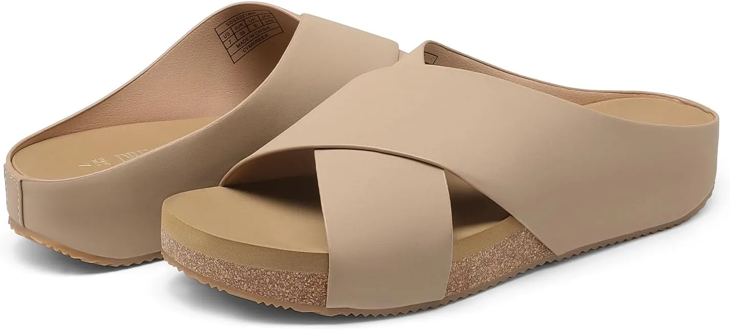 DREAM PAIRS Women's Cork Slide Sandals Slip on Open Toe Cute Platform Criss Cross Flat Sandals for Summer