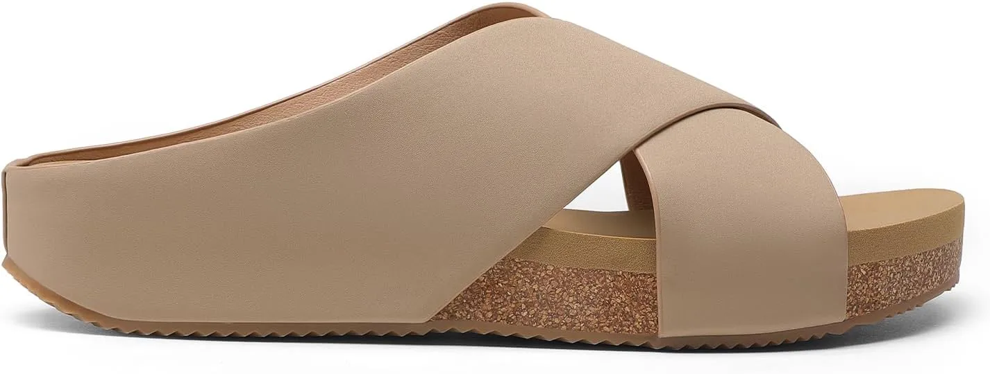 DREAM PAIRS Women's Cork Slide Sandals Slip on Open Toe Cute Platform Criss Cross Flat Sandals for Summer