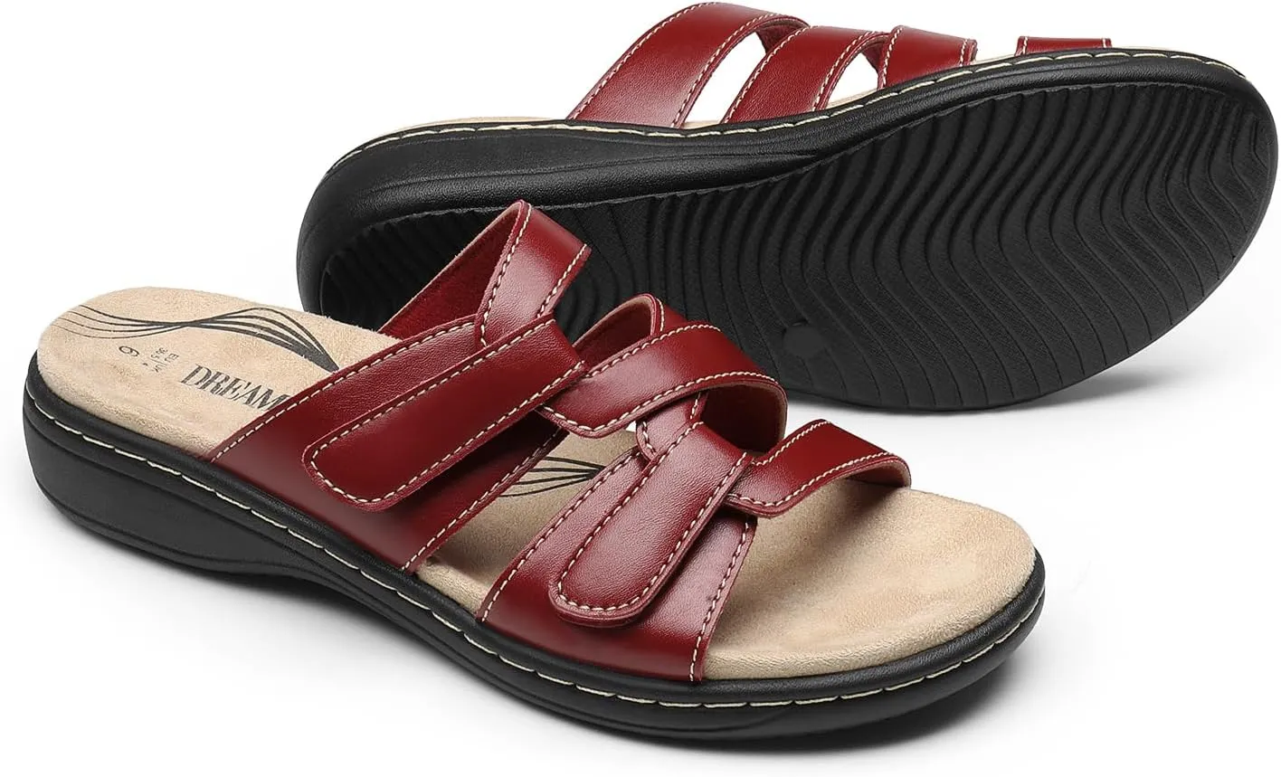 DREAM PAIRS Womens Slides Arch Support Slip on Flat Sandals Comfort Plantar Fasciitis Soft Cushion Slippers With Adjustable Straps