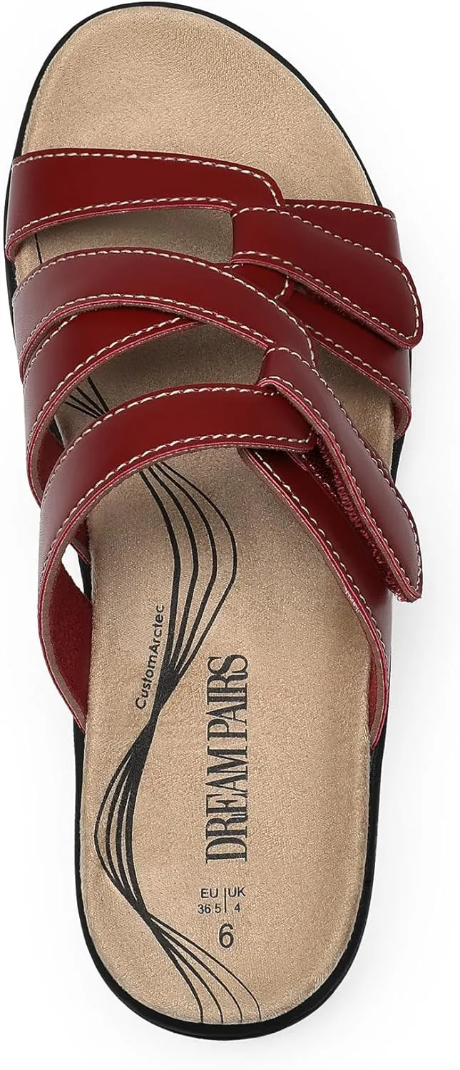 DREAM PAIRS Womens Slides Arch Support Slip on Flat Sandals Comfort Plantar Fasciitis Soft Cushion Slippers With Adjustable Straps