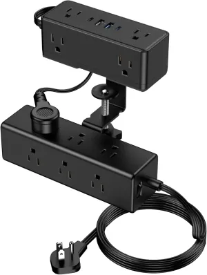 Dual Layer Desk Clamp Power Strip, 19 in 1 Desktop Edge Mount Surge Protector with 4 USB Ports(2 USB-C) & 15 AC Outlets, Ultra Thin Flat Plug & 5FT Power Cord for Office Home(ETL Listed)