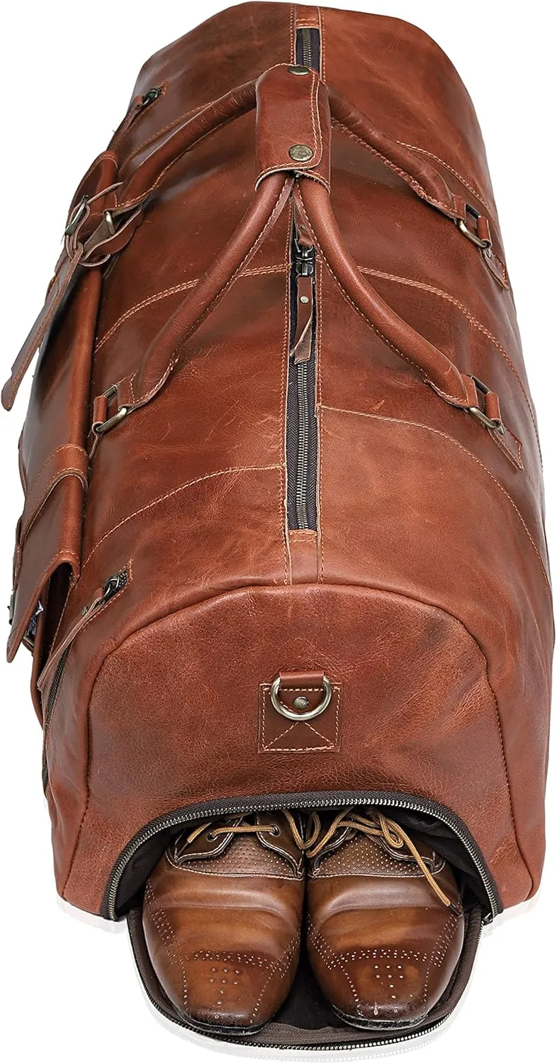 Duffle Leather Travel Bag for Women Men Gym Sports Overnight Weekend Airplane Cabin Bag 28 Inch Large Size Travel Bag with Shoe Compartment by Cureo