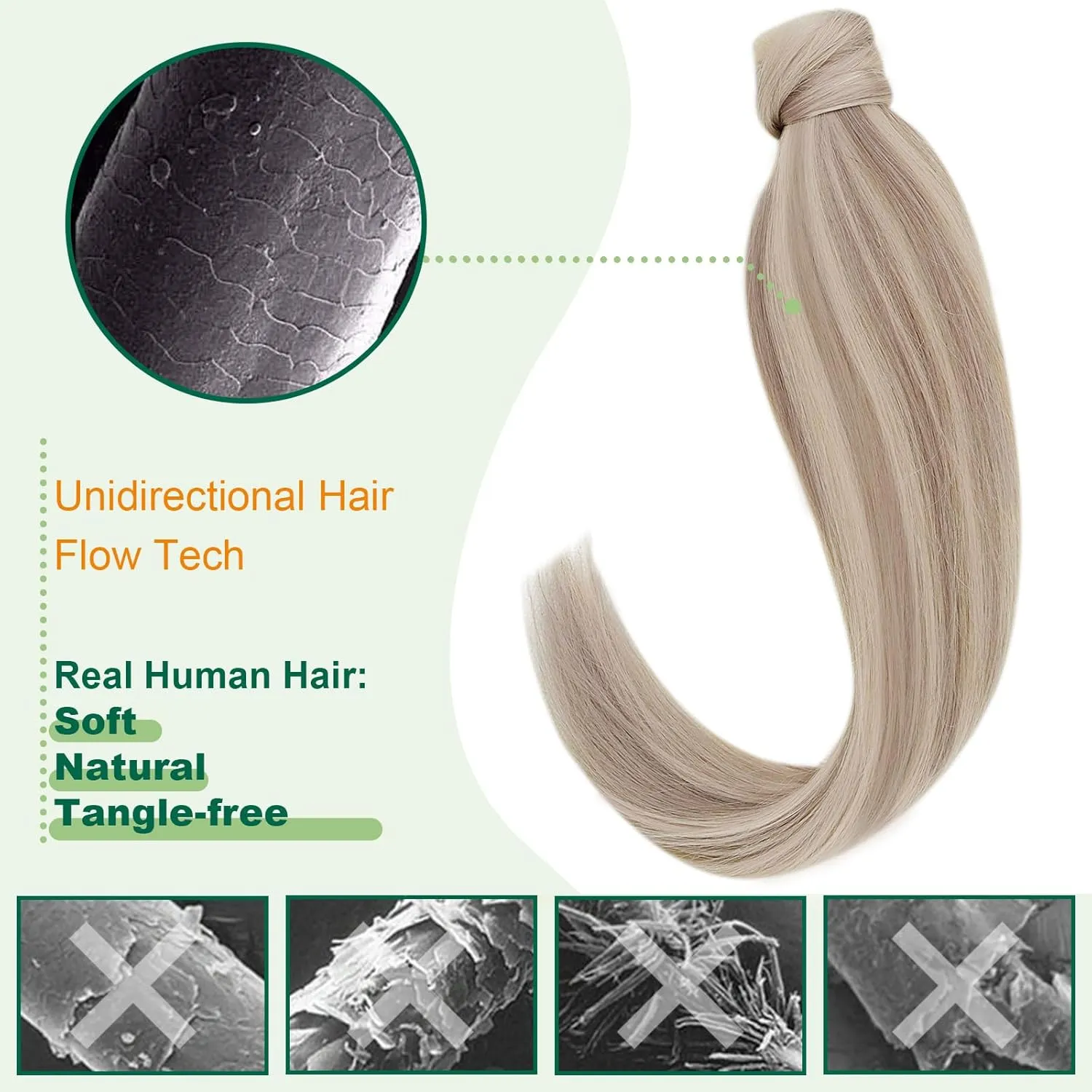 Easyouth Hair Extensions Ponytail Blonde Human Hair Ponytail Highlight Ash Blonde Mix Bleach Blond Pony Tails Hair Extension Human Hair Add Length and Volume 14Inch 70g