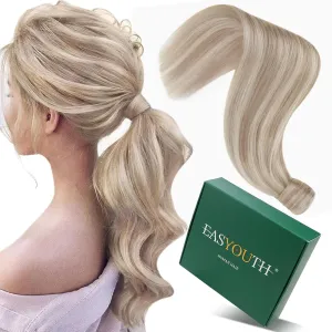 Easyouth Hair Extensions Ponytail Blonde Human Hair Ponytail Highlight Ash Blonde Mix Bleach Blond Pony Tails Hair Extension Human Hair Add Length and Volume 14Inch 70g