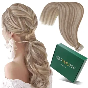 Easyouth Ponytail Extensions - Human Hair Pony Tails, Ash Brown Highlights, Platinum Blonde, Wrap Around Ponytail, Seamless 14Inch 70g