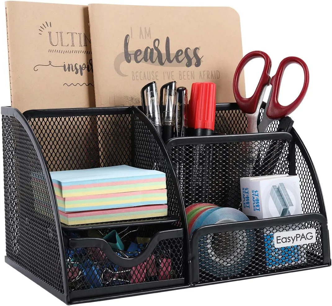 EasyPAG Mesh Desk Organizer for Women with Drawer - Multi-Functional Office & Makeup Storage, Anti-Scratch Pads, 5 Compartments, Durable Metal Mesh for Home, School, Classroom, Black