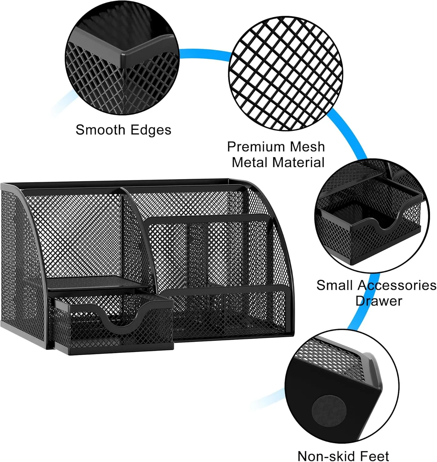EasyPAG Mesh Desk Organizer for Women with Drawer - Multi-Functional Office & Makeup Storage, Anti-Scratch Pads, 5 Compartments, Durable Metal Mesh for Home, School, Classroom, Black