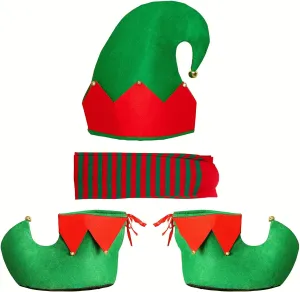 Elf Hat Shoes Covers Socks Felt Set Adults Christmas Costume with Jingle Bells - Xmas Party Gifts Accessories