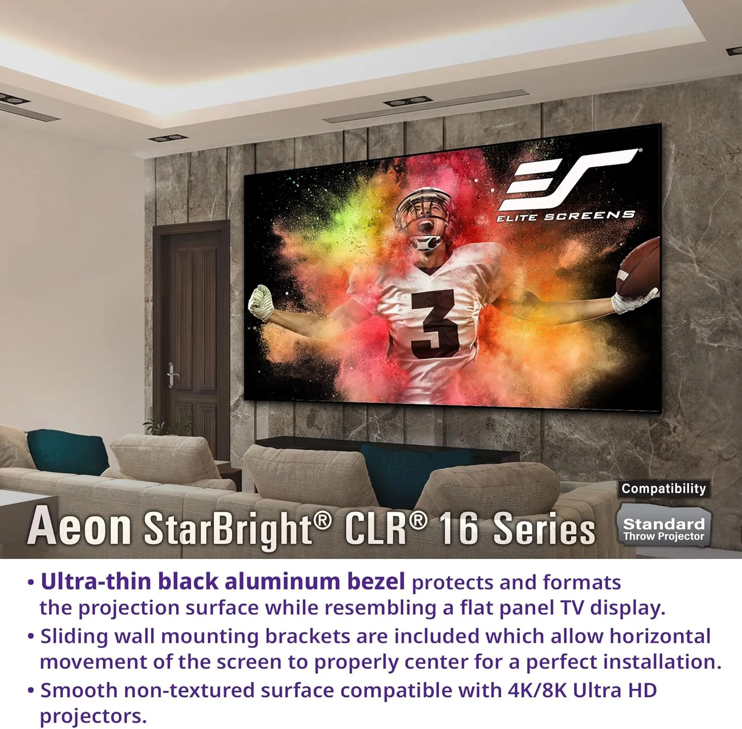 Elite Screens 123” Fixed Frame Projector Screen 16:9, 4K/8K UHD, Edge-Free Design, 1.65 Gain Ceiling Light Rejecting Material, Absorbs 90% Overhead Light, Wall-Mounted for Home Theater,AR123H2-SBCLR16