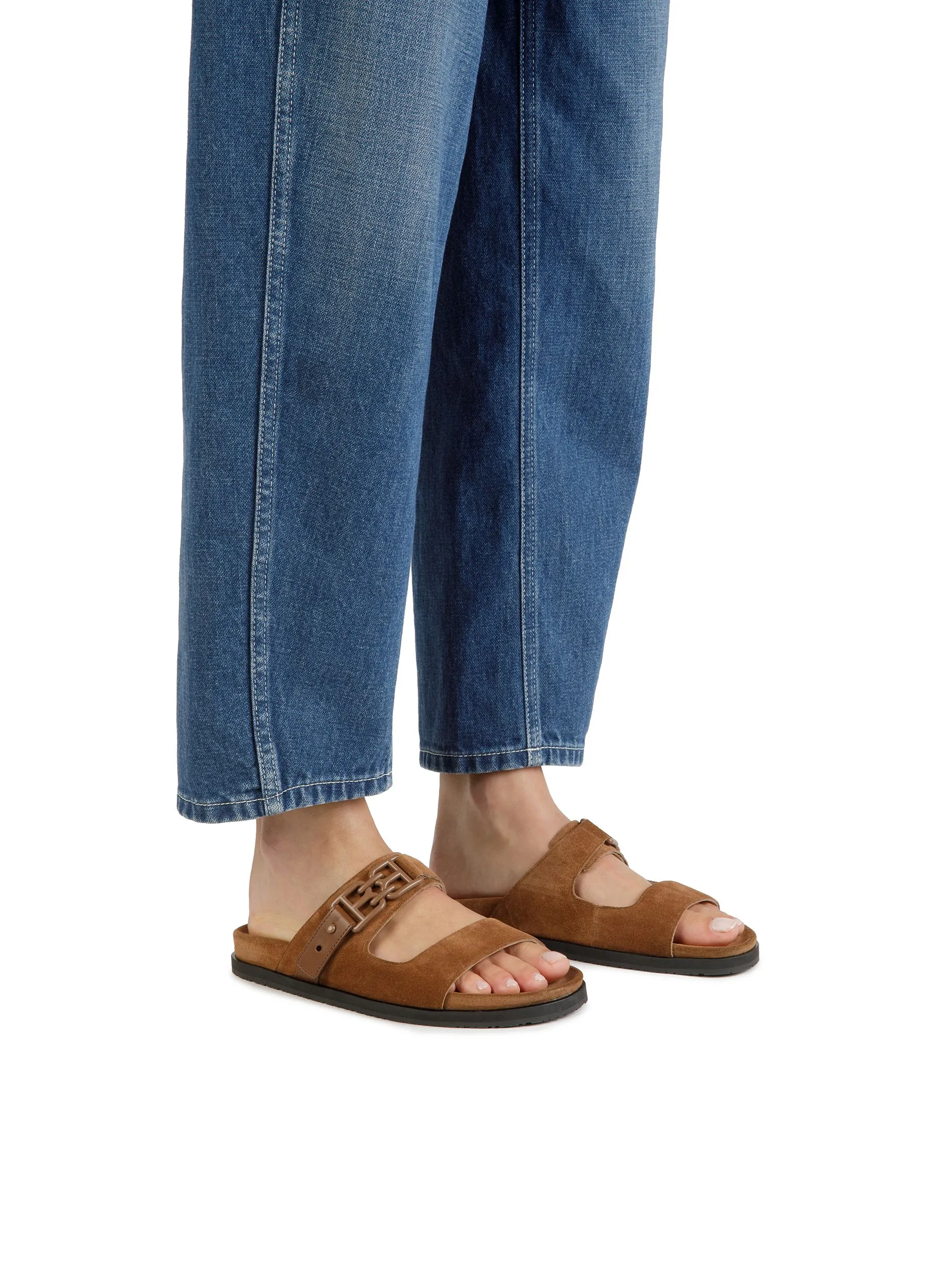 Emma Flat Slides In Brown Leather
