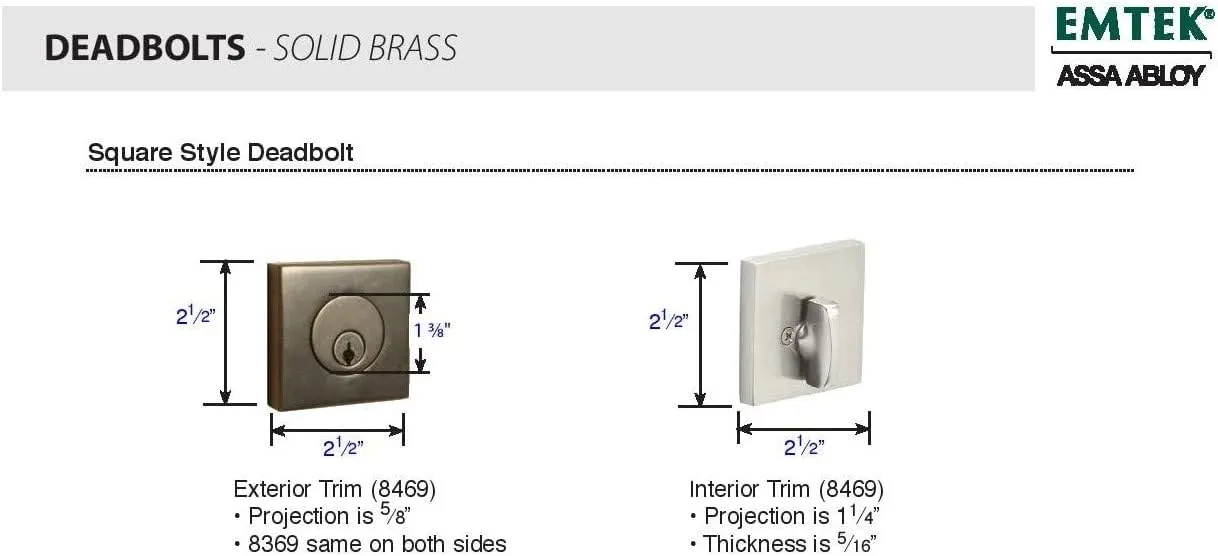 Emtek Hardware Deadbolt, Single Cylinder, Square, Solid Brass, Door Thickness: 1-3/4”- 2-1/8”, C-Keyway, Model: 8469, Color: Flat Black (US19)