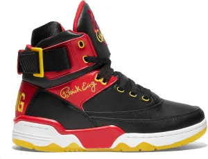 Ewing PATRICK ATHLETICS 33 HI Retro Basketball Sneakers, Black/Red/Yellow/White – '90s Miami Rivalry Inspired, Reversible Strap, Pre-Yellowed Sole