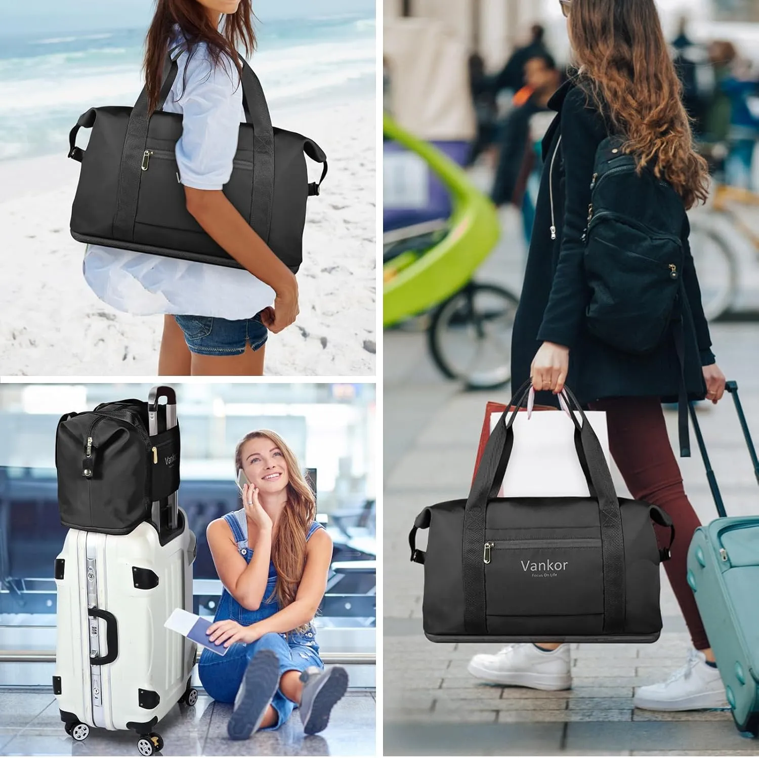Expandable Travel Duffle Bag for Travel, Carry on Tote Bag Weekender Overnight Hosptital Bag for Men Women Lightweight Luggage Maternity Bag Black
