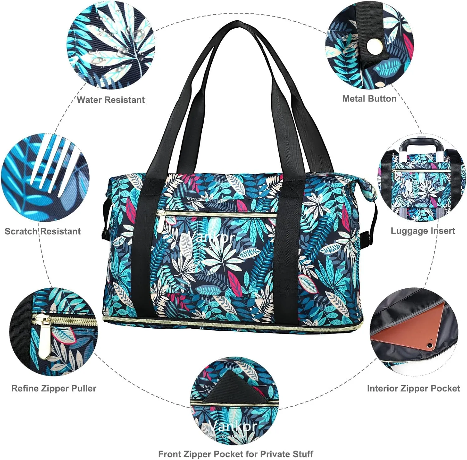 Expandable Travel Duffle Bag for Travel, Carry on Tote Bag Weekender Overnight Hosptital Bag for Men Women Lightweight Luggage Maternity BagBlue Leaves
