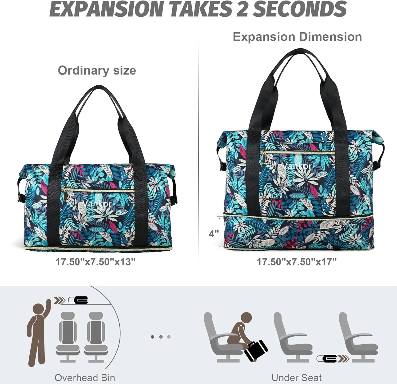 Expandable Travel Duffle Bag for Travel, Carry on Tote Bag Weekender Overnight Hosptital Bag for Men Women Lightweight Luggage Maternity BagBlue Leaves