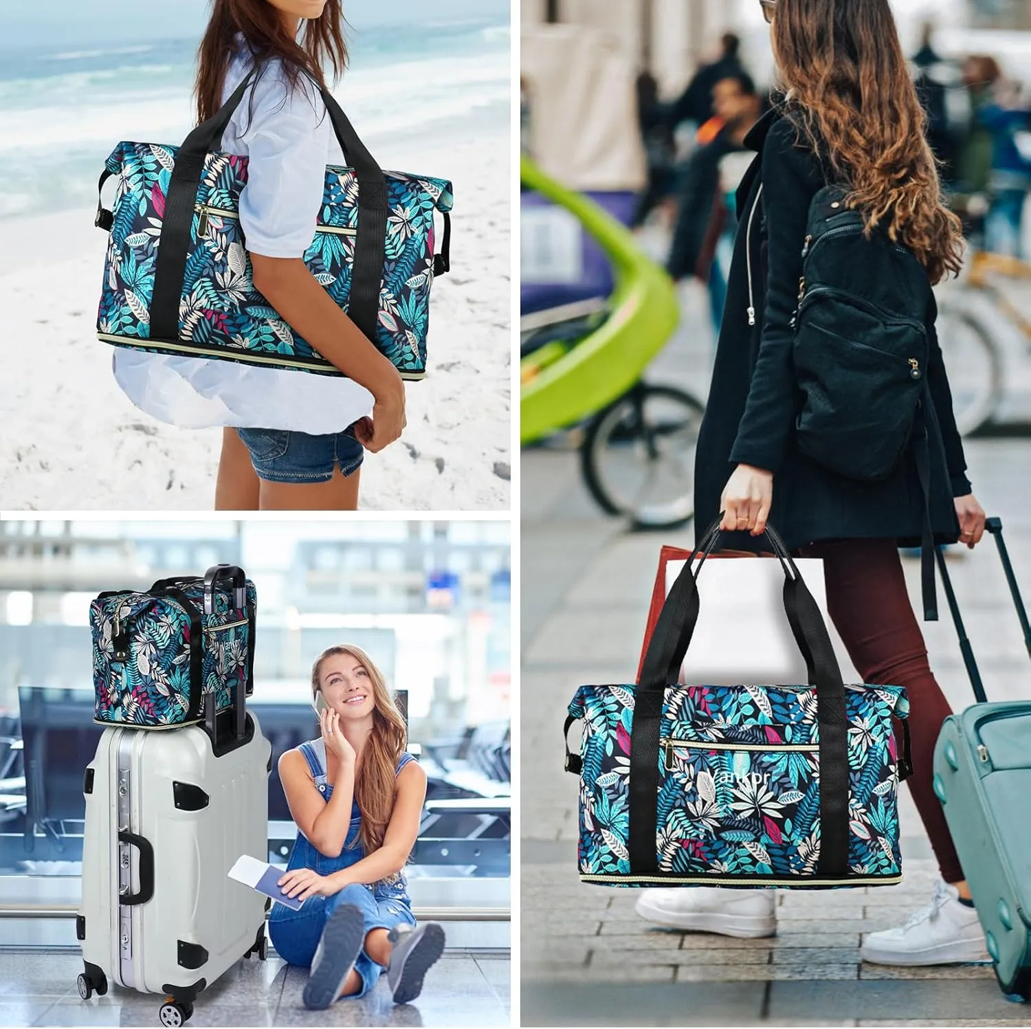 Expandable Travel Duffle Bag for Travel, Carry on Tote Bag Weekender Overnight Hosptital Bag for Men Women Lightweight Luggage Maternity BagBlue Leaves