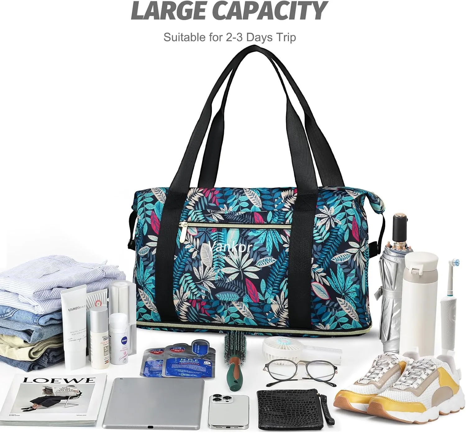 Expandable Travel Duffle Bag for Travel, Carry on Tote Bag Weekender Overnight Hosptital Bag for Men Women Lightweight Luggage Maternity BagBlue Leaves