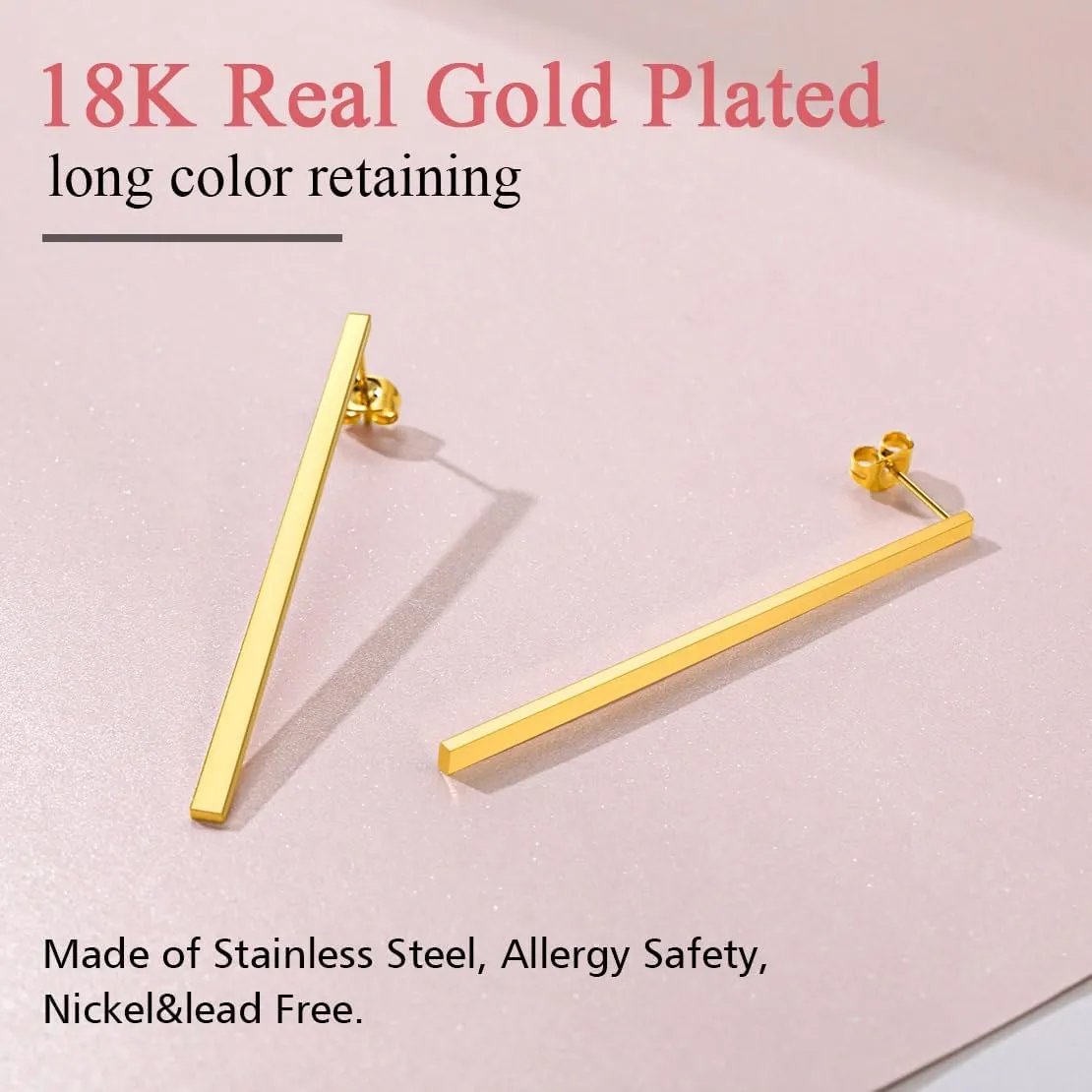 FindChic Stainless Steel Bar Drop Earrings 18K Gold Plated Thin Flat Geometric Round/Stick/Rectangle Pierced Linear Hypoallergenic Dangle Earrings for Women