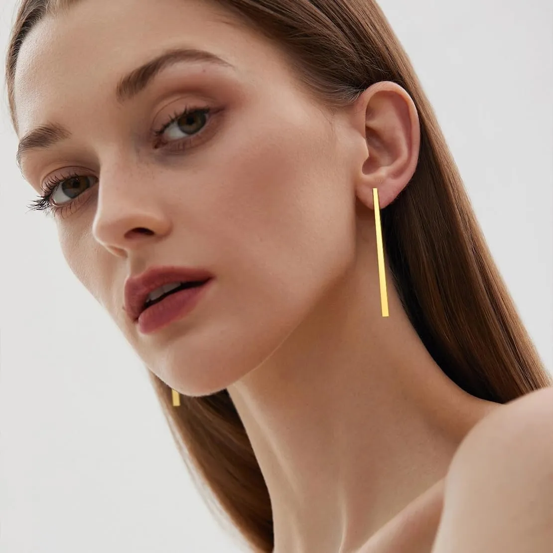 FindChic Stainless Steel Bar Drop Earrings 18K Gold Plated Thin Flat Geometric Round/Stick/Rectangle Pierced Linear Hypoallergenic Dangle Earrings for Women