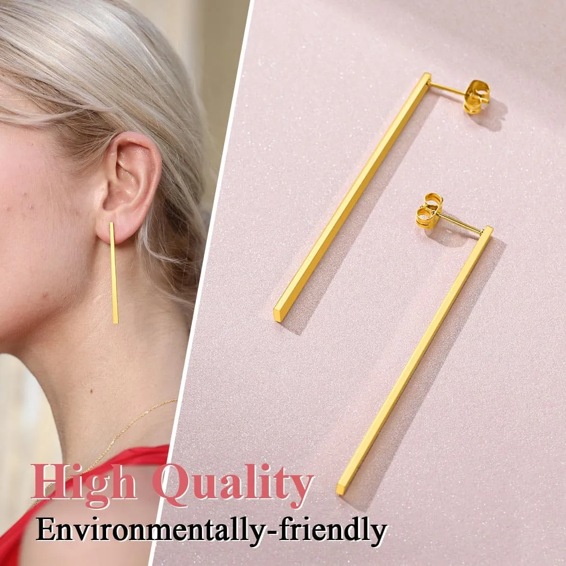 FindChic Stainless Steel Bar Drop Earrings 18K Gold Plated Thin Flat Geometric Round/Stick/Rectangle Pierced Linear Hypoallergenic Dangle Earrings for Women
