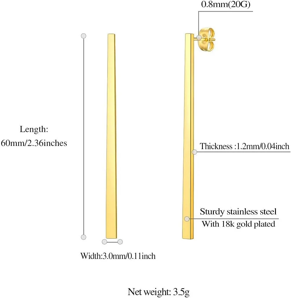 FindChic Stainless Steel Bar Drop Earrings 18K Gold Plated Thin Flat Geometric Round/Stick/Rectangle Pierced Linear Hypoallergenic Dangle Earrings for Women