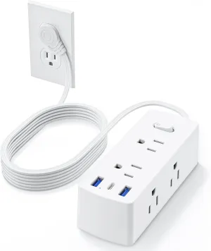 Flat Plug Power Strip, Olcorife Flat Extension Cord 5ft, 6 Outlets 3 USB Ports(1 USB C), 3-Side Outlet Extender Surge Protector for Home Office Travel Dorm Room Essentials, White