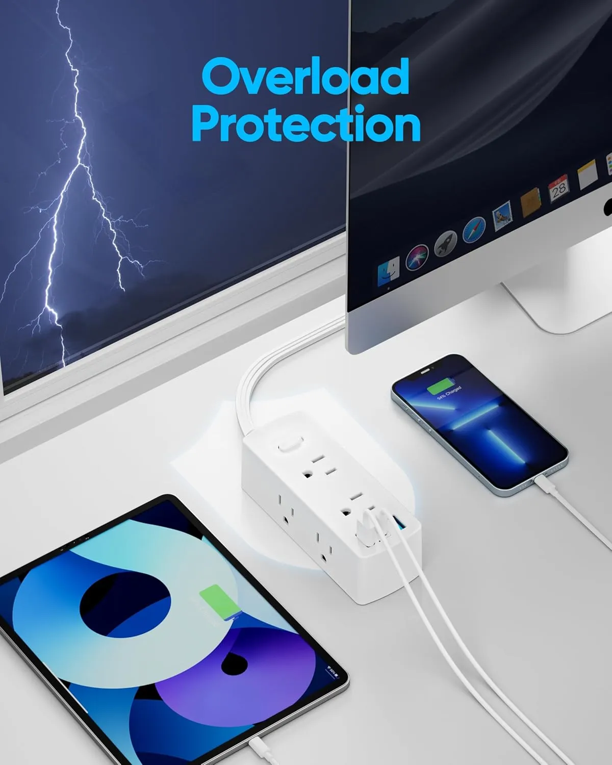 Flat Plug Power Strip, Olcorife Flat Extension Cord 5ft, 6 Outlets 3 USB Ports(1 USB C), 3-Side Outlet Extender Surge Protector for Home Office Travel Dorm Room Essentials, White