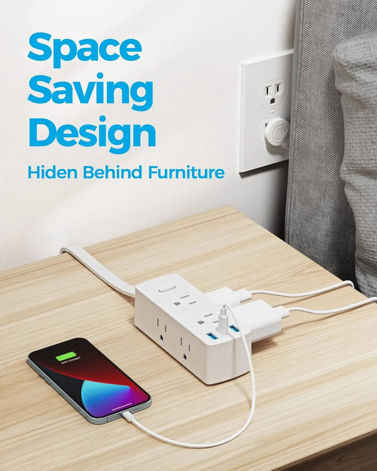 Flat Plug Power Strip, Olcorife Flat Extension Cord 5ft, 6 Outlets 3 USB Ports(1 USB C), 3-Side Outlet Extender Surge Protector for Home Office Travel Dorm Room Essentials, White