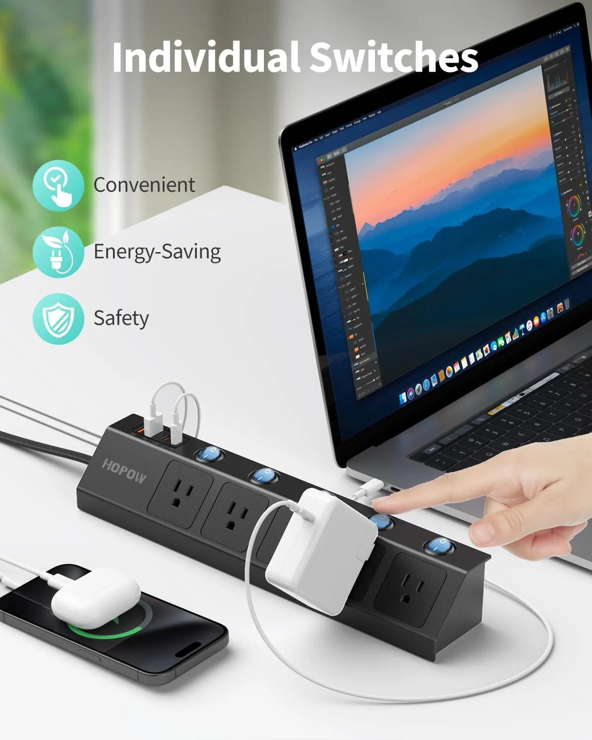 Flat Plug Power Strip with Individual Switches, 10 Ft Ultra Thin Flat Extension Cord, 5-Outlet Surge Protector with 2 USB-C (20W PD) & 2 USB-A, 1700 Joules, Wall Mount for Home Office, Black
