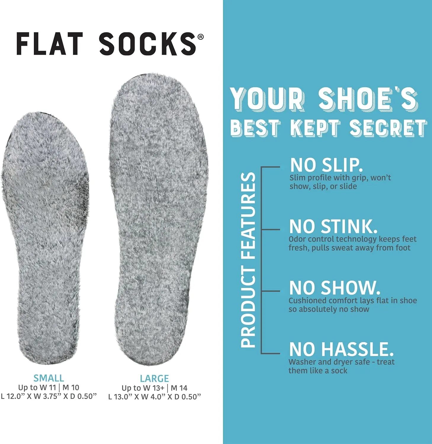 FLAT SOCKS No Show Socks, Sockless Shoe Liner, No Slipping, No Stinking, Washable Barefoot Shoe Insert, Classic
