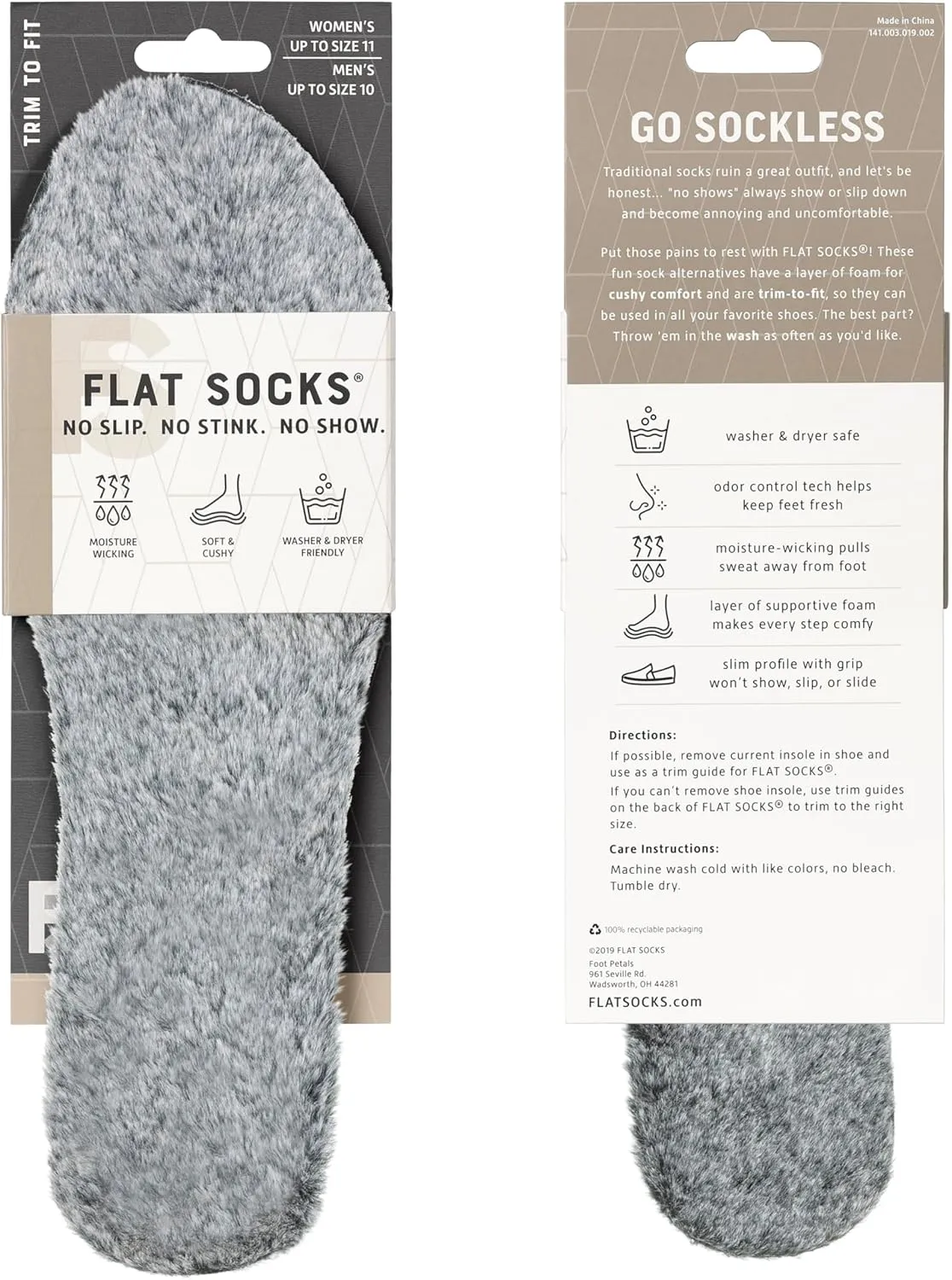FLAT SOCKS No Show Socks, Sockless Shoe Liner, No Slipping, No Stinking, Washable Barefoot Shoe Insert, Classic