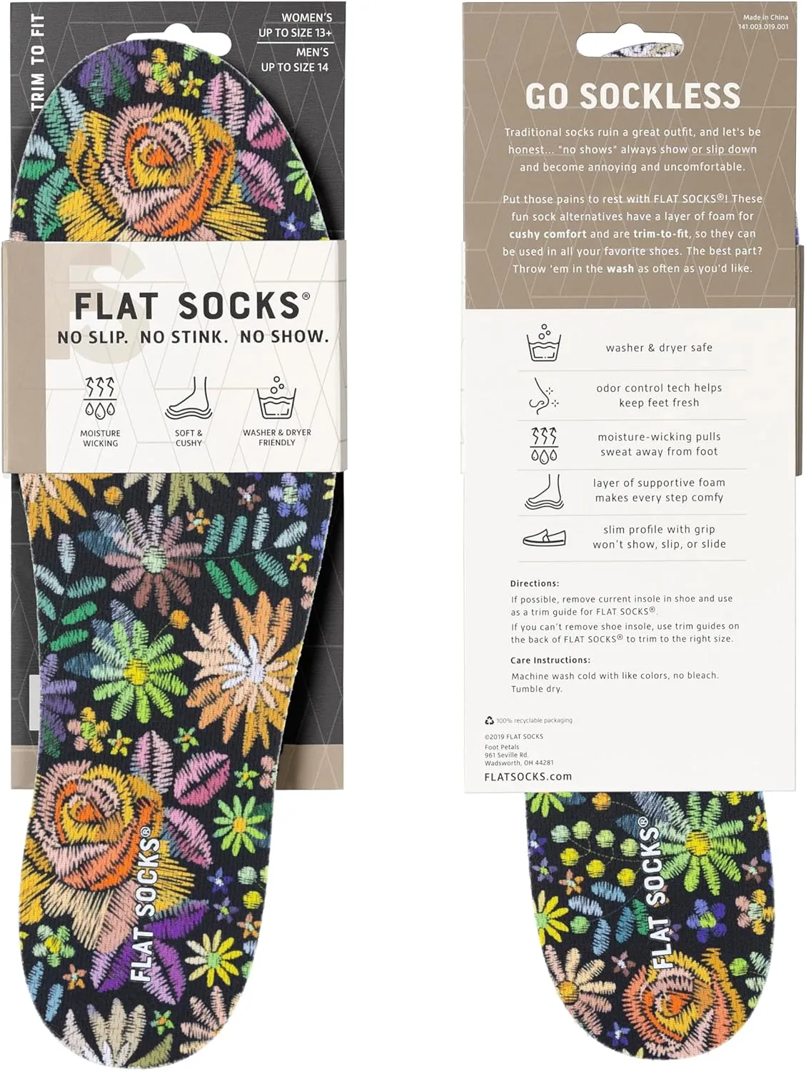 FLAT SOCKS Womens No Show Socks, Sockless Shoe Liner, No Slipping, No Stinking, Washable Barefoot Shoe Insert, Floral Print