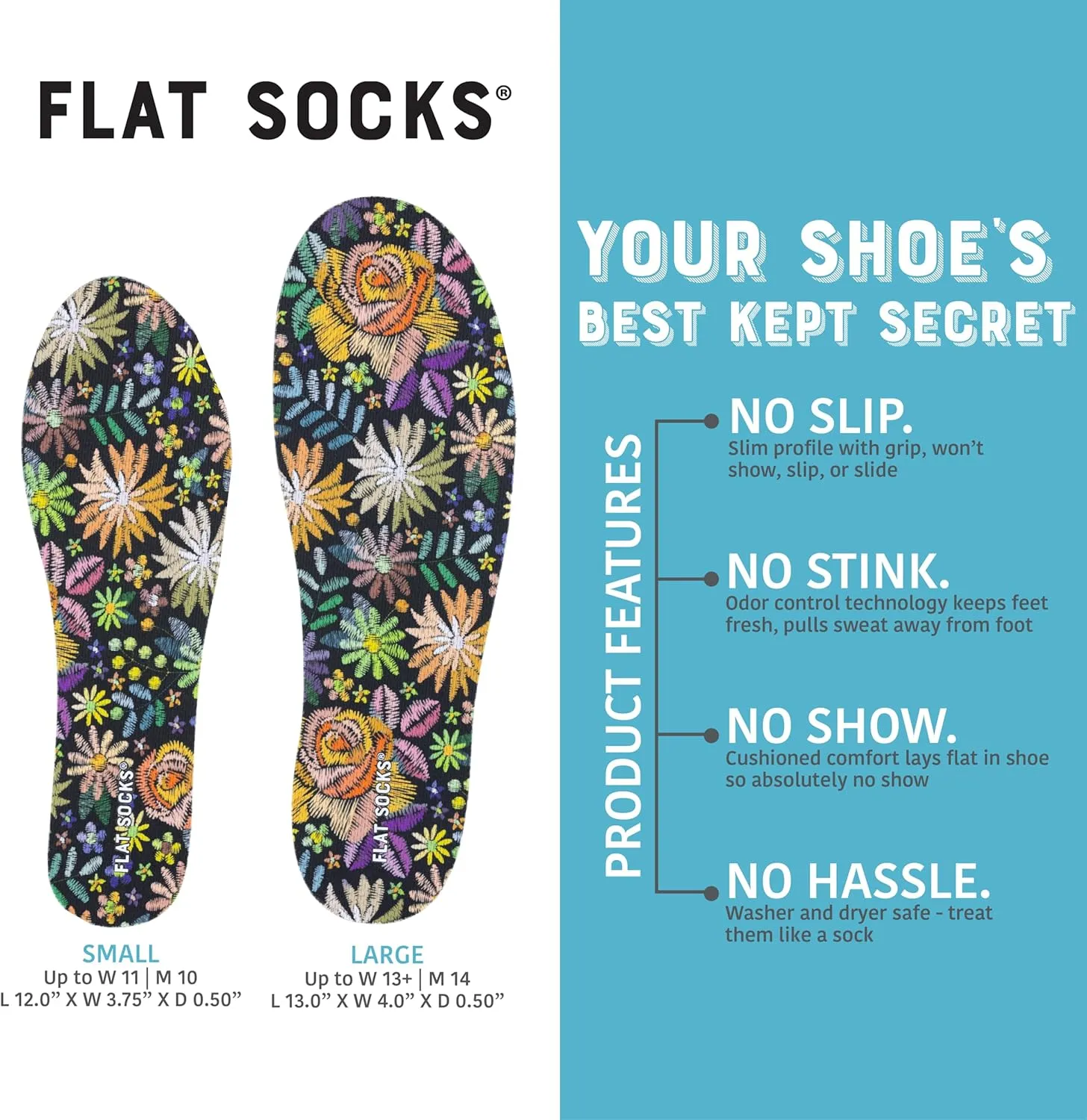 FLAT SOCKS Womens No Show Socks, Sockless Shoe Liner, No Slipping, No Stinking, Washable Barefoot Shoe Insert, Floral Print